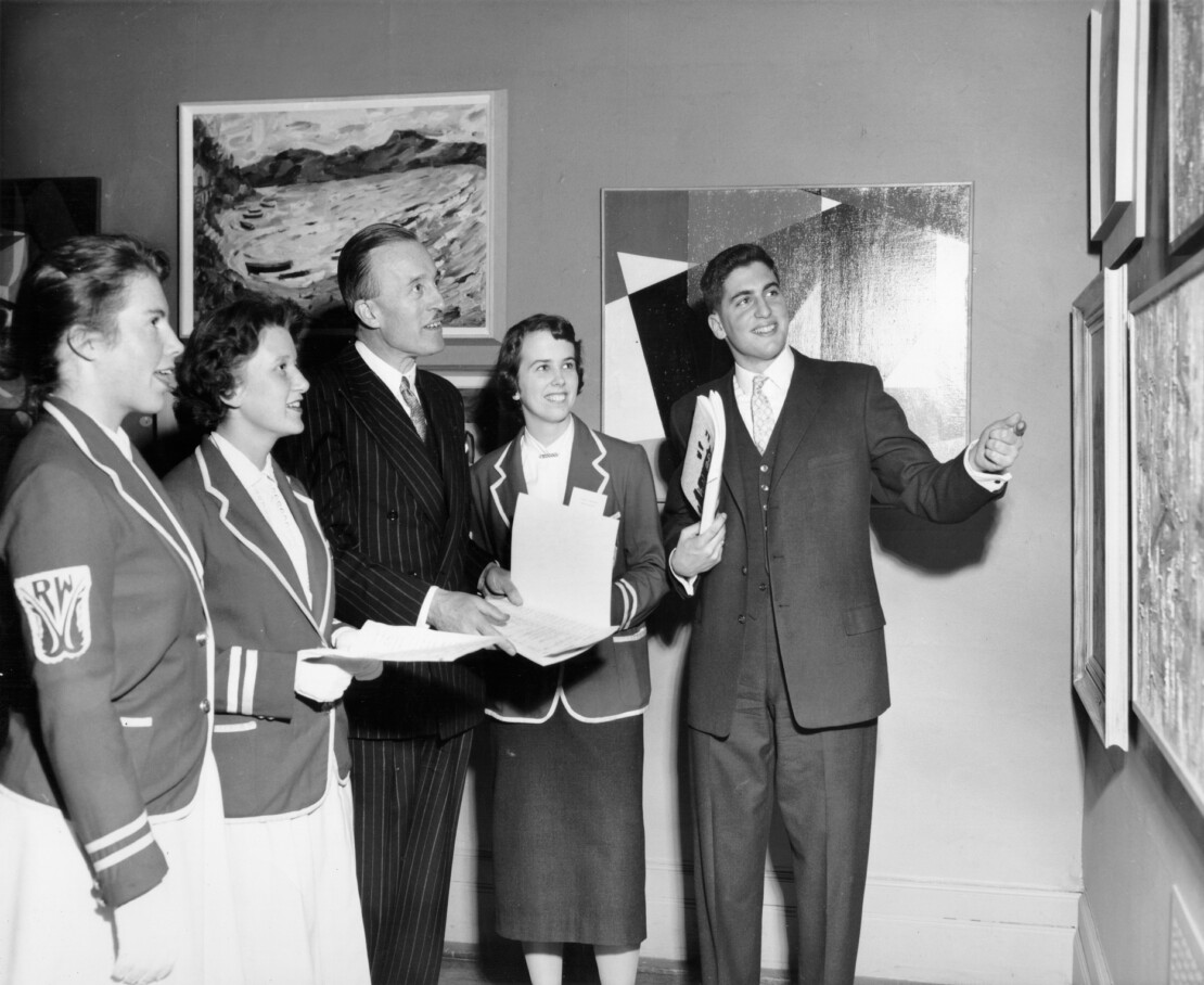 Modern City pr039850 Ron Fleischman, Dr. F. Cyril James at the Exhibition 35 Quebec Painters at MBAQ, sponsored by the students of McGill and UDeM, c. 1950s, McGill Archives